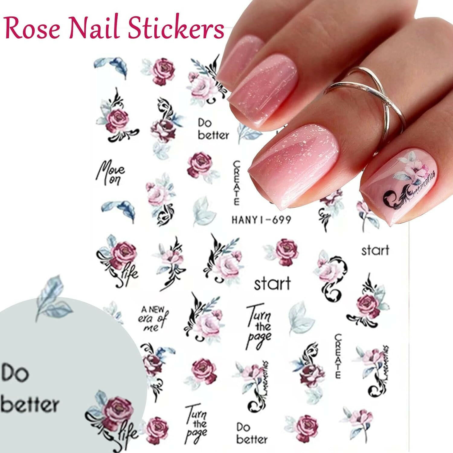 9 Sheets Flower Nail Art Stickers Decals 3D Self - Adhesive Nail Decals Spring Floral Nail Art Supplies Charming Daisy Leave Peony Nail Accessories for Women Nail Decorations Design - Glow Pure