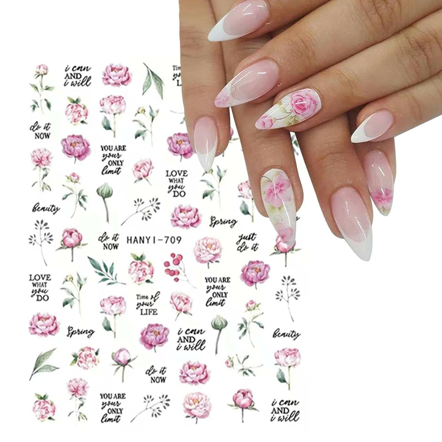 9 Sheets Flower Nail Art Stickers Decals 3D Self - Adhesive Nail Decals Spring Floral Nail Art Supplies Charming Daisy Leave Peony Nail Accessories for Women Nail Decorations Design - Glow Pure