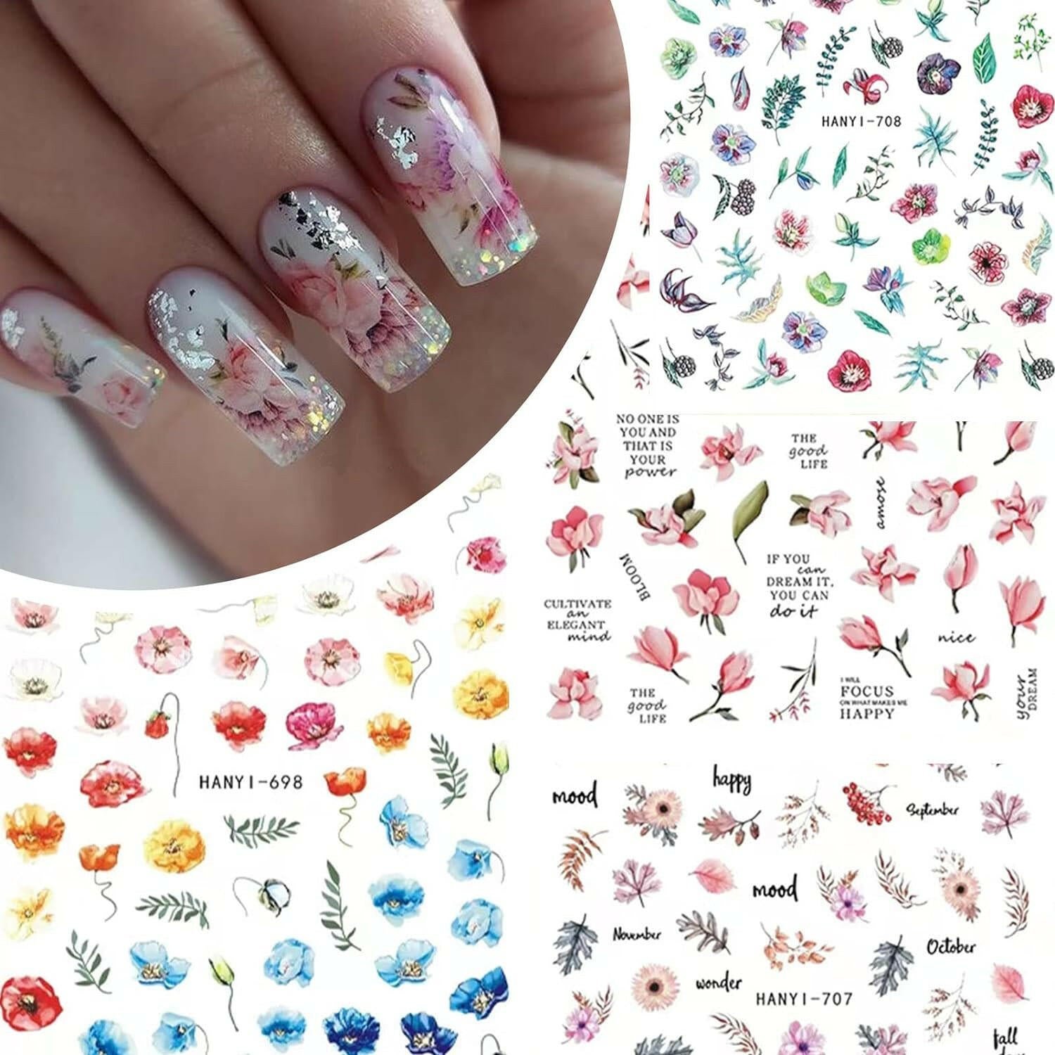 9 Sheets Flower Nail Art Stickers Decals 3D Self - Adhesive Nail Decals Spring Floral Nail Art Supplies Charming Daisy Leave Peony Nail Accessories for Women Nail Decorations Design - Glow Pure