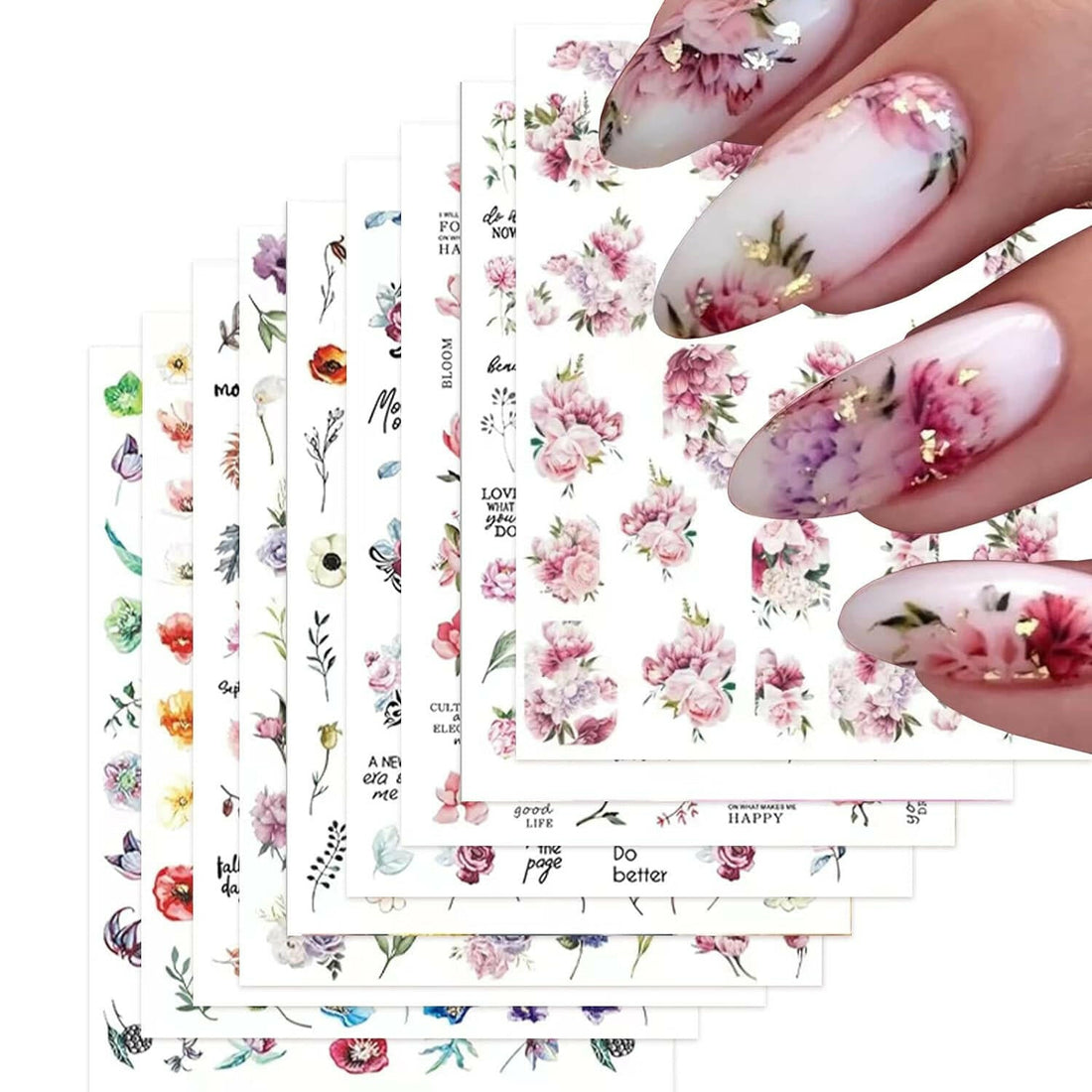 9 Sheets Flower Nail Art Stickers Decals 3D Self - Adhesive Nail Decals Spring Floral Nail Art Supplies Charming Daisy Leave Peony Nail Accessories for Women Nail Decorations Design - Glow Pure