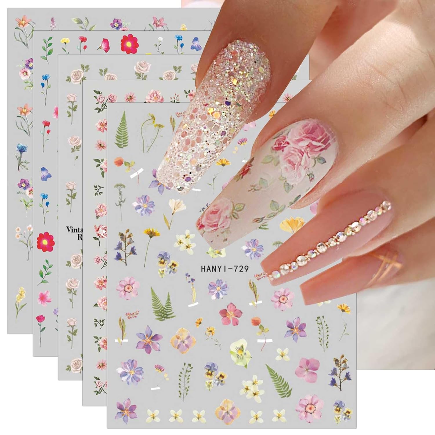 9 Sheets Spring Flower Nail Art Stickers Decals Self-Adhesive Pegatinas Uñas Colorful Summer Floral Nail Supplies Nail Art Design Decoration Accessories - HealthFulBeautyLife