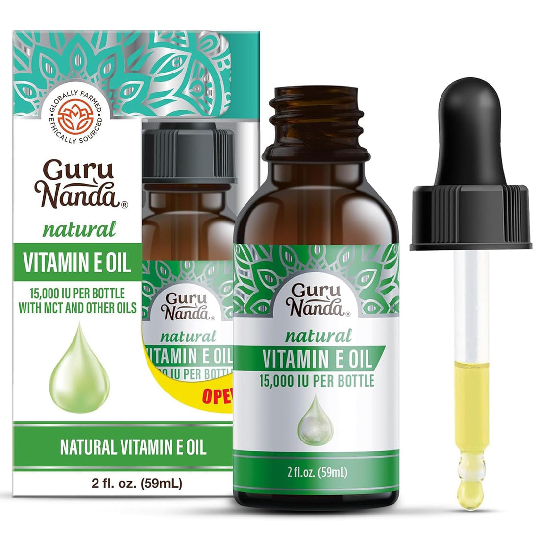 Gurunanda Vitamin E Oil, 2 Fl Oz Pure &amp; Natural, 15,000 IU per Bottle, for Skin, Hair, Face, Nails &amp; Scars, with Coconut Oil to Help Nourish &amp; Moisture, Non-Gmo &amp; Vegan