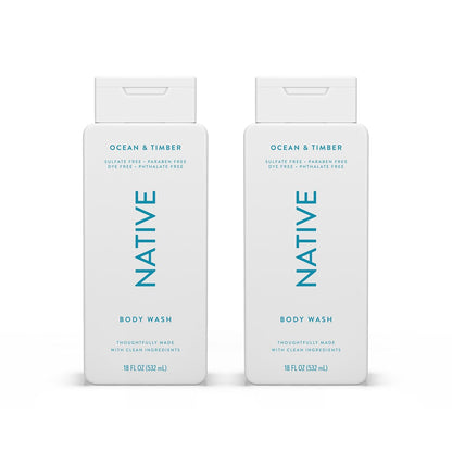 Native Body Wash Contains Naturally Derived Ingredients | for Women &amp; Men, Sulfate, Paraben, &amp; Dye Free Leaving Skin Soft and Hydrating | Ocean &amp; Timber 18 Oz - 2 Pk