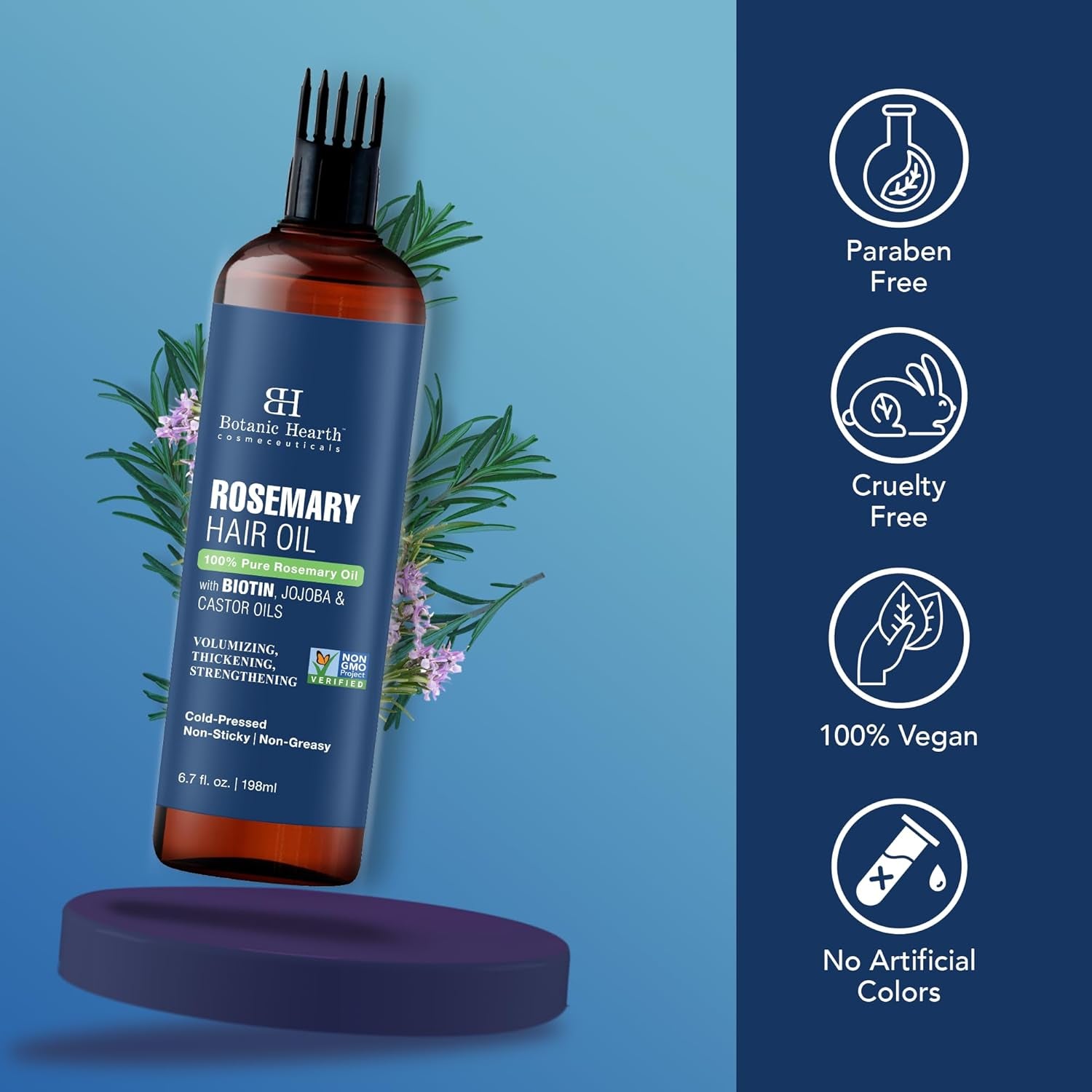 Botanic Hearth 100% Pure Rosemary Oil for Hair Growth (6.7 Fl Oz) Infused with Biotin, Jojoba &amp; Castor Oil | Hair Strengthening Treatment | Nourishing &amp; Volumizing | Non GMO Verified