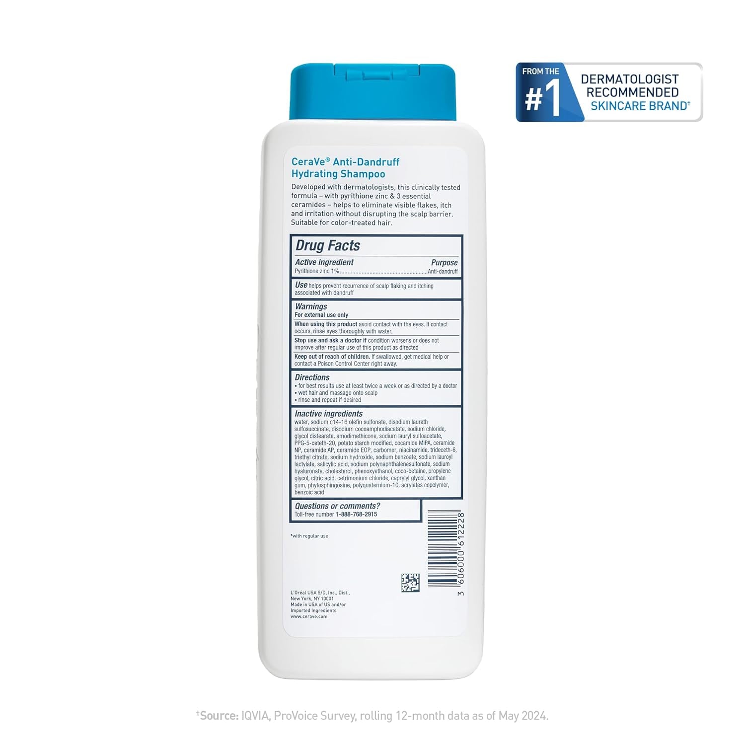 Cerave Hydrating anti Dandruff Shampoo, 1% Pyrithione Zinc Dandruff Treatment with Ceramides, Niacinamide &amp; Hyaluronic Acid, Helps Eliminate Flakes &amp; Provides Itchy Scalp Relief, Sulfate Free, 12 Oz