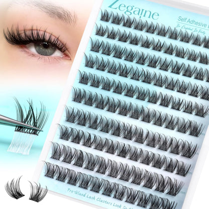 Self Adhesive Lash Clusters Natural Self Adhesive Eyelashes Glueless Lashes Cat Eye Pre Glued Lashes Reusable Wispy Cluster Lashes No Glue Needed Fluffy Self Adhesive Lashes 10-16MM by Zegaine