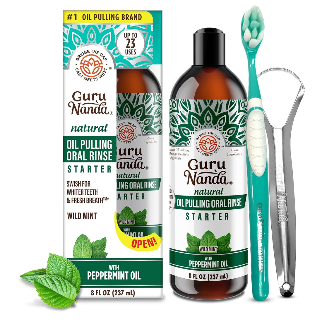 Gurunanda Starter Pulling Oil Mouthwash for Natural Teeth Whitening, Coconut and Peppermint Oil for Fresh Breath &amp; Happy Gums, Alcohol-Free, 8 Oz