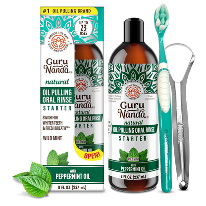 Gurunanda Starter Pulling Oil Mouthwash for Natural Teeth Whitening, Coconut and Peppermint Oil for Fresh Breath &amp; Happy Gums, Alcohol-Free, 8 Oz