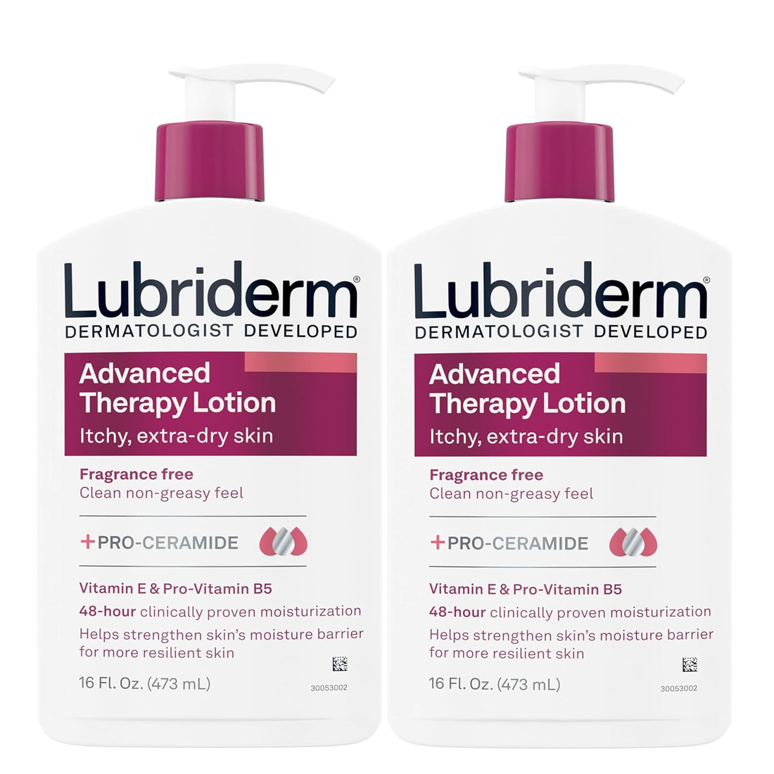 Lubriderm Advanced Therapy Fragrance Free Moisturizing Hand &amp; Body Lotion + Pro-Ceramide with Vitamins E &amp; Pro-Vitamin B5, Intense Hydration for Extra Dry Skin, 16 Fl. Oz, 2 Pack