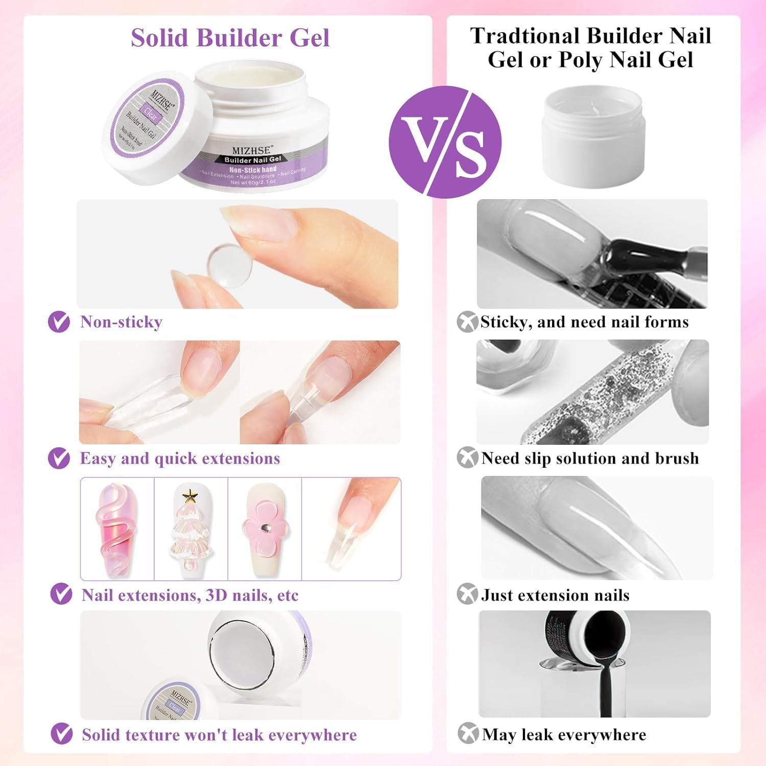 Solid Builder Gel for Nails, 60G Large Capacity Clear Hard Gel for Nails 3D Sculpting Gel Non-Sticky Hand Carving Gel UV LED Nail Extension Gel with 3D Silicone Mold Nail Art Salon Home DIY