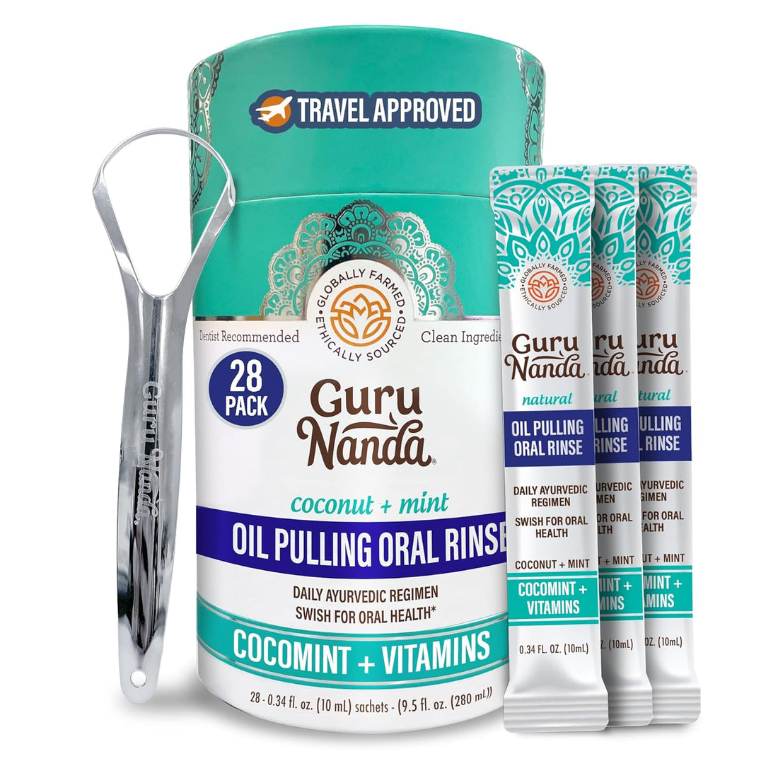Gurunanda Travel Sachets Coconut Oil Pulling, Promotes Fresh Breath and Happy Gums, 7 Essential Oils &amp; Vitamins for Happy Teeth &amp; Gums, 28 Sachets