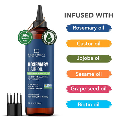 Botanic Hearth 100% Pure Rosemary Oil for Hair Growth (6.7 Fl Oz) Infused with Biotin, Jojoba &amp; Castor Oil | Hair Strengthening Treatment | Nourishing &amp; Volumizing | Non GMO Verified