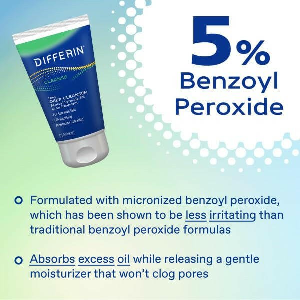 Acne Face Wash with 5% Benzoyl Peroxide, Daily Deep Cleanser by the Makers of Gel, Gentle Skin Care for Acne Prone Sensitive Skin, 4 Oz (Packaging May Vary) - Glow Pure