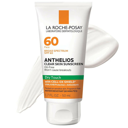 Anthelios Clear Skin Sunscreen Dry Touch SPF 60 | Oil Free Sunscreen for Face | Oil Absorbing | Broad Spectrum SPF + Antioxidants | Non - Greasy | Oxybenzone Free | Travel Size Sunscreen - Glow Pure