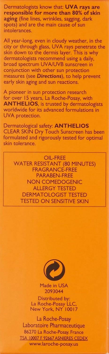 Anthelios Clear Skin Sunscreen Dry Touch SPF 60 | Oil Free Sunscreen for Face | Oil Absorbing | Broad Spectrum SPF + Antioxidants | Non - Greasy | Oxybenzone Free | Travel Size Sunscreen - Glow Pure