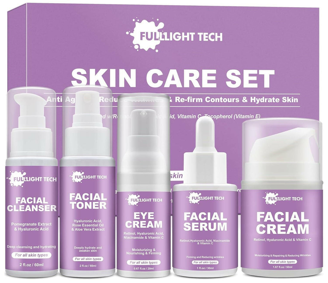 Anti - Aging Skincare Routine Kit: Reduce Wrinkles &amp; Hydrate Skin - Facial Cleanser, Toner, Cream, Serum, Eye Cream - Perfect Christmas Gift for Wife, Mom - Stocking Stuffers for Women - Glow Pure