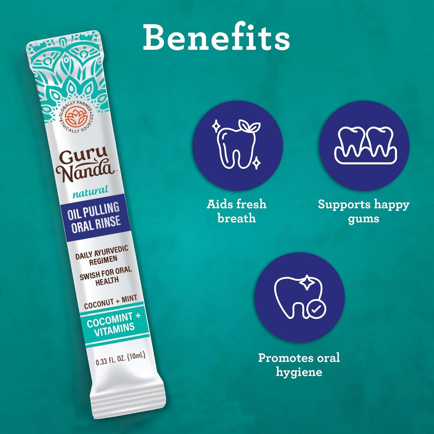 Gurunanda Travel Sachets Coconut Oil Pulling, Promotes Fresh Breath and Happy Gums, 7 Essential Oils &amp; Vitamins for Happy Teeth &amp; Gums, 28 Sachets
