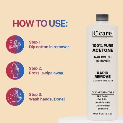 100% Pure Acetone Nail Polish Remover | Professional Quality | Easy to Use | Rapidly Removes Natural, Gel, Acrylic, Shellac, and Glitter Nails | 8 Fl Oz