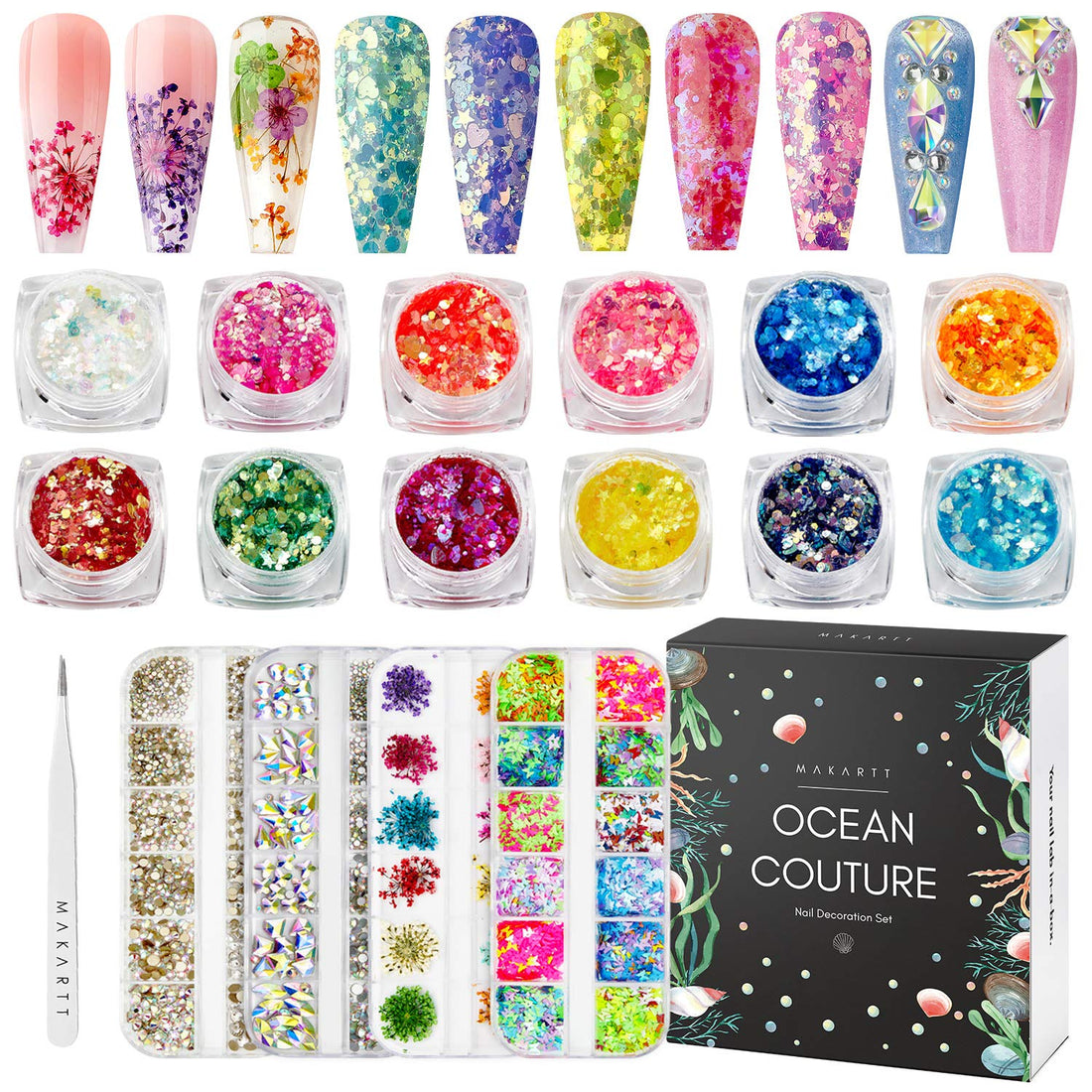 Makartt Nail Decoration Set, 4 Boxes Glitter Sequins &amp; Rhinestones for Spring, Summer, Nail Art, DIY Nail Decoration Accessories Kit