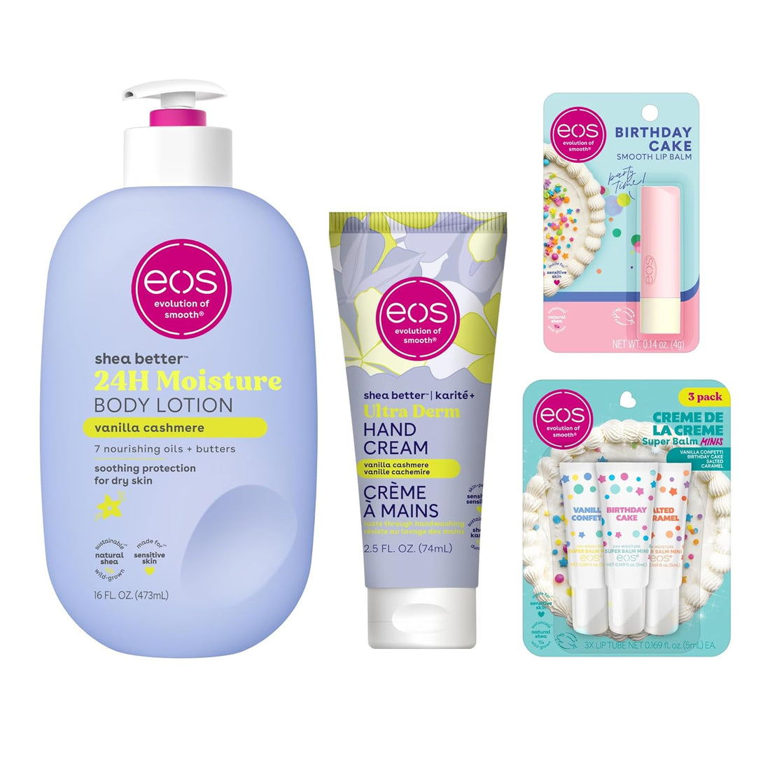 Eos Happy Birthday Bundle- Lip Balm Stick + Mini Super Balms + Body Lotion + Hand Cream