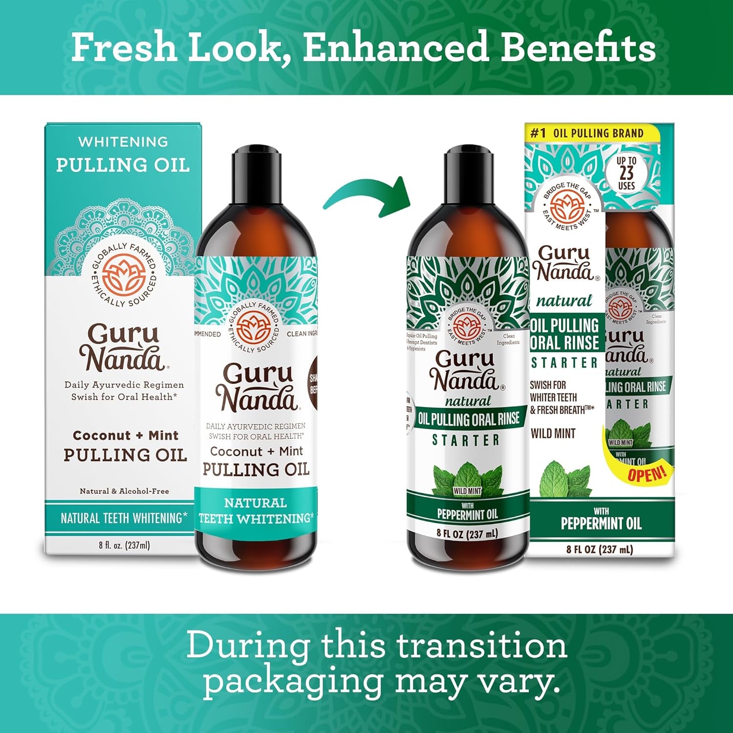 Gurunanda Starter Pulling Oil Mouthwash for Natural Teeth Whitening, Coconut and Peppermint Oil for Fresh Breath &amp; Happy Gums, Alcohol-Free, 8 Oz