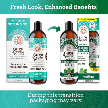 Gurunanda Starter Pulling Oil Mouthwash for Natural Teeth Whitening, Coconut and Peppermint Oil for Fresh Breath &amp; Happy Gums, Alcohol-Free, 8 Oz