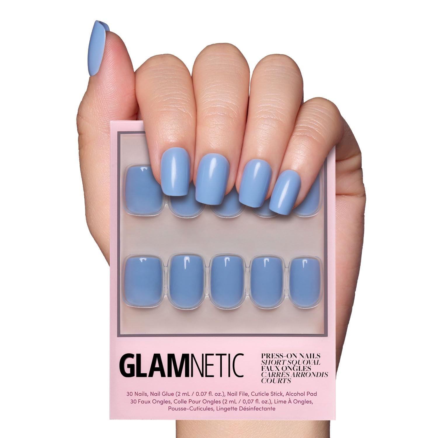 Glamnetic Press on Nails - Cashmere Blue | Opaque Soft Pale Blue Short Squoval False Nails, Reusable Stick on Fake Nails with Glue | Salon Quality | 15 Sizes - 30 Nail Kit