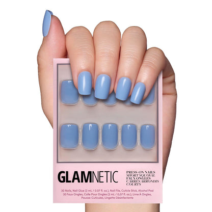 Glamnetic Press on Nails - Cashmere Blue | Opaque Soft Pale Blue Short Squoval False Nails, Reusable Stick on Fake Nails with Glue | Salon Quality | 15 Sizes - 30 Nail Kit