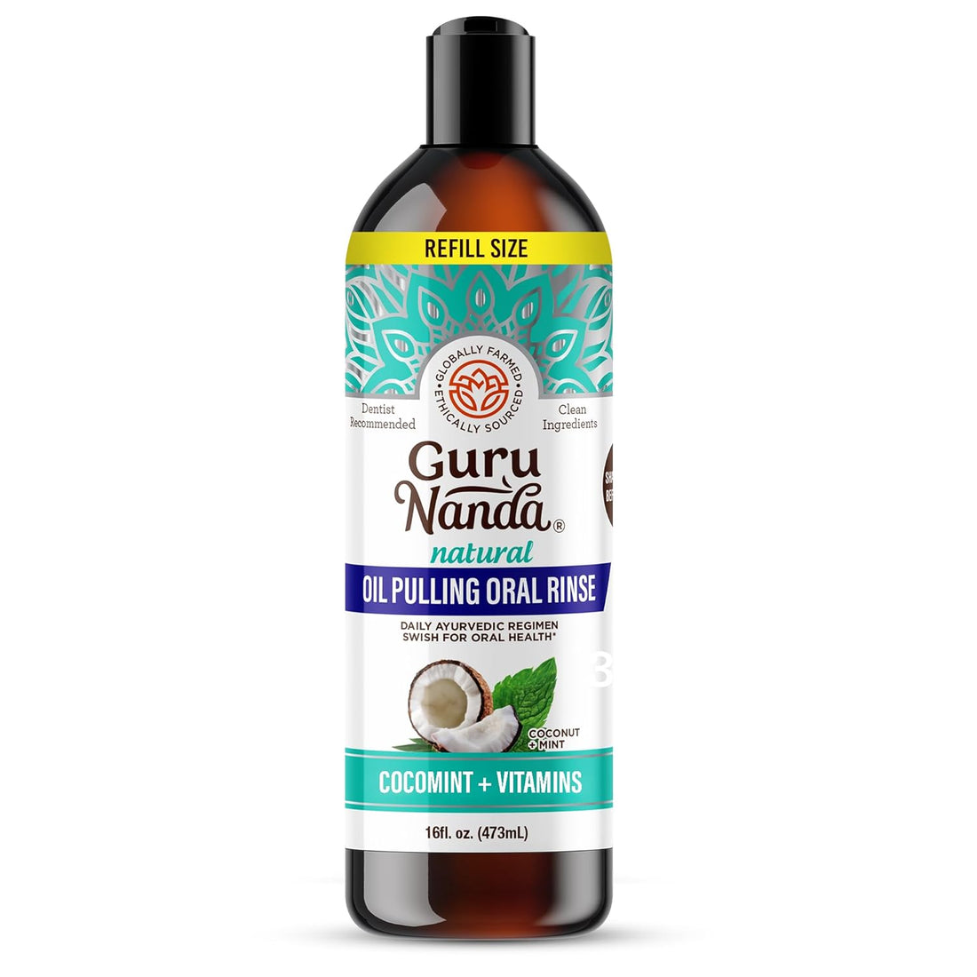 Gurunanda Cocomint Oil Pulling Mouthwash for Complete Oral Hygiene, 7 Essential Oils &amp; Vitamins for Happy Teeth &amp; Gums &amp; Fresh Breath, Alcohol-Free, 16 Oz