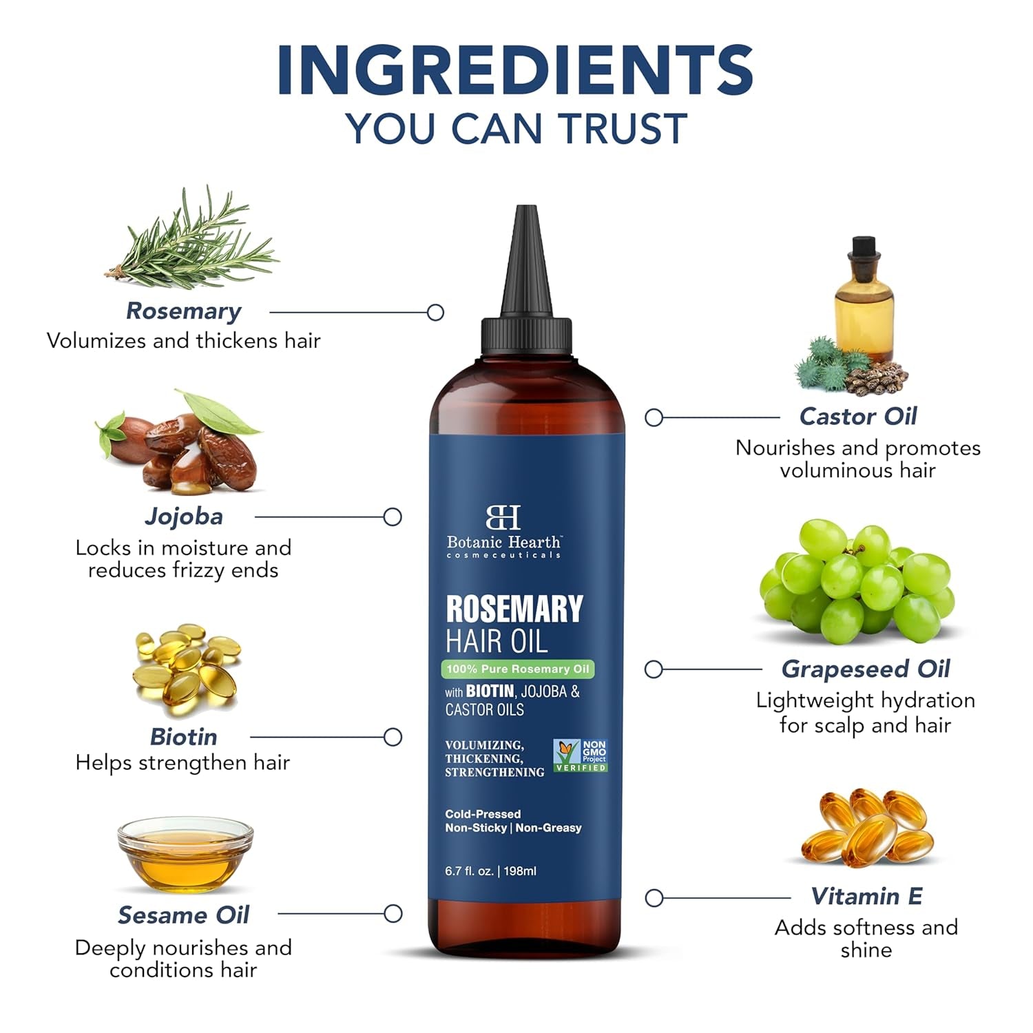 Botanic Hearth 100% Pure Rosemary Oil for Hair Growth (6.7 Fl Oz) Infused with Biotin, Jojoba &amp; Castor Oil | Hair Strengthening Treatment | Nourishing &amp; Volumizing | Non GMO Verified