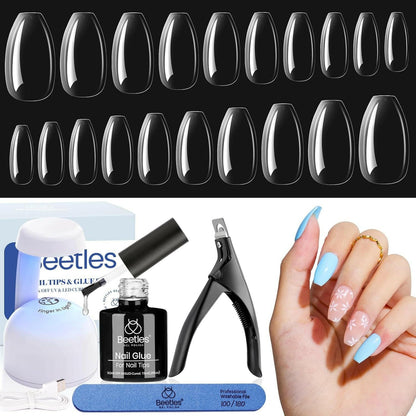 Beetles Gel Nail Kit Easy Nail Extension Set with 240Pcs Nail Tips Short Ballerina Nails 5 in 1 Nail Glue Base Gel and Uv Led Lamp Gel Kit Gelly Tips Acrylic Ballerina Nail Tips - Glow Pure