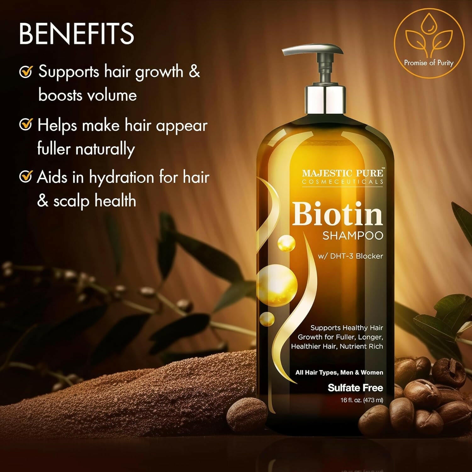 Biotin Hair Growth Shampoo - DHT - 3 Blocker - 16 Fl Oz - Glow Pure