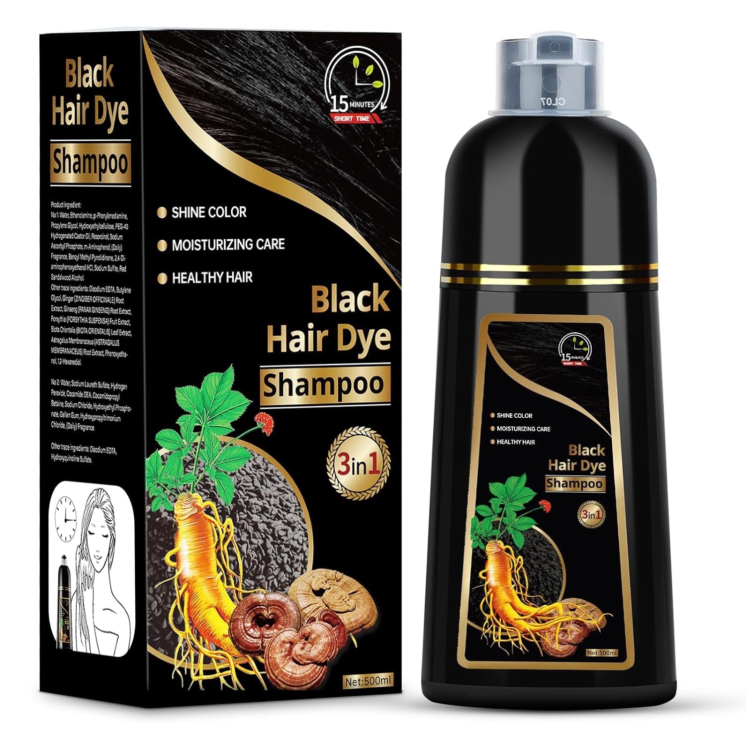 Black Hair Dye Shampoo for Gray Hair, 3 in 1 Herbal Shampoo Black Hair Dye for Women Men, Hair Color Shampoo 500Ml (Black) - HealthFulBeautyLife