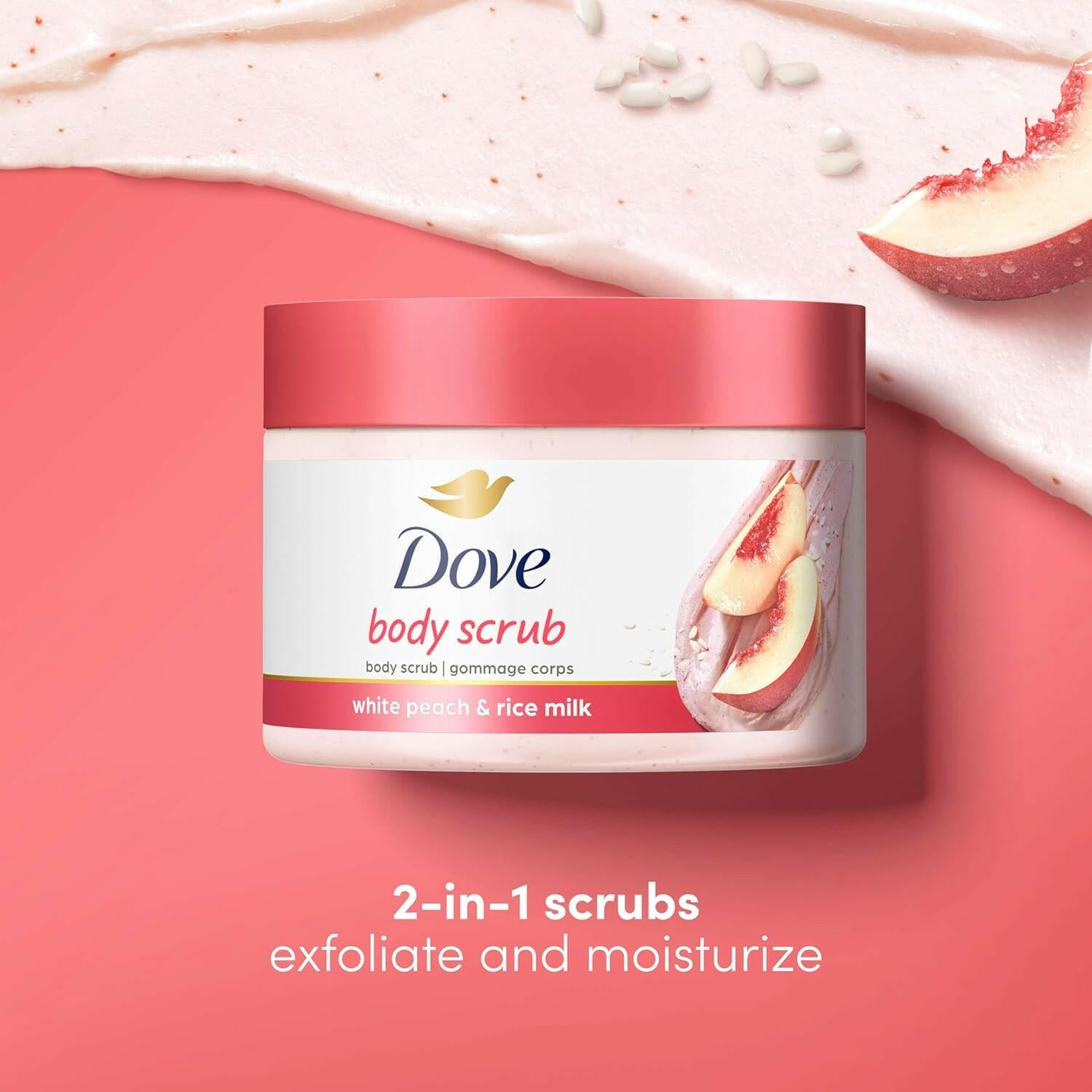 Body Scrub White Peach &amp; Crushed Rice 3 Count for Visibly Silky - Smooth, Nourished Skin, with ¼ Moisturizing Cream, 10.5 Oz - Glow Pure