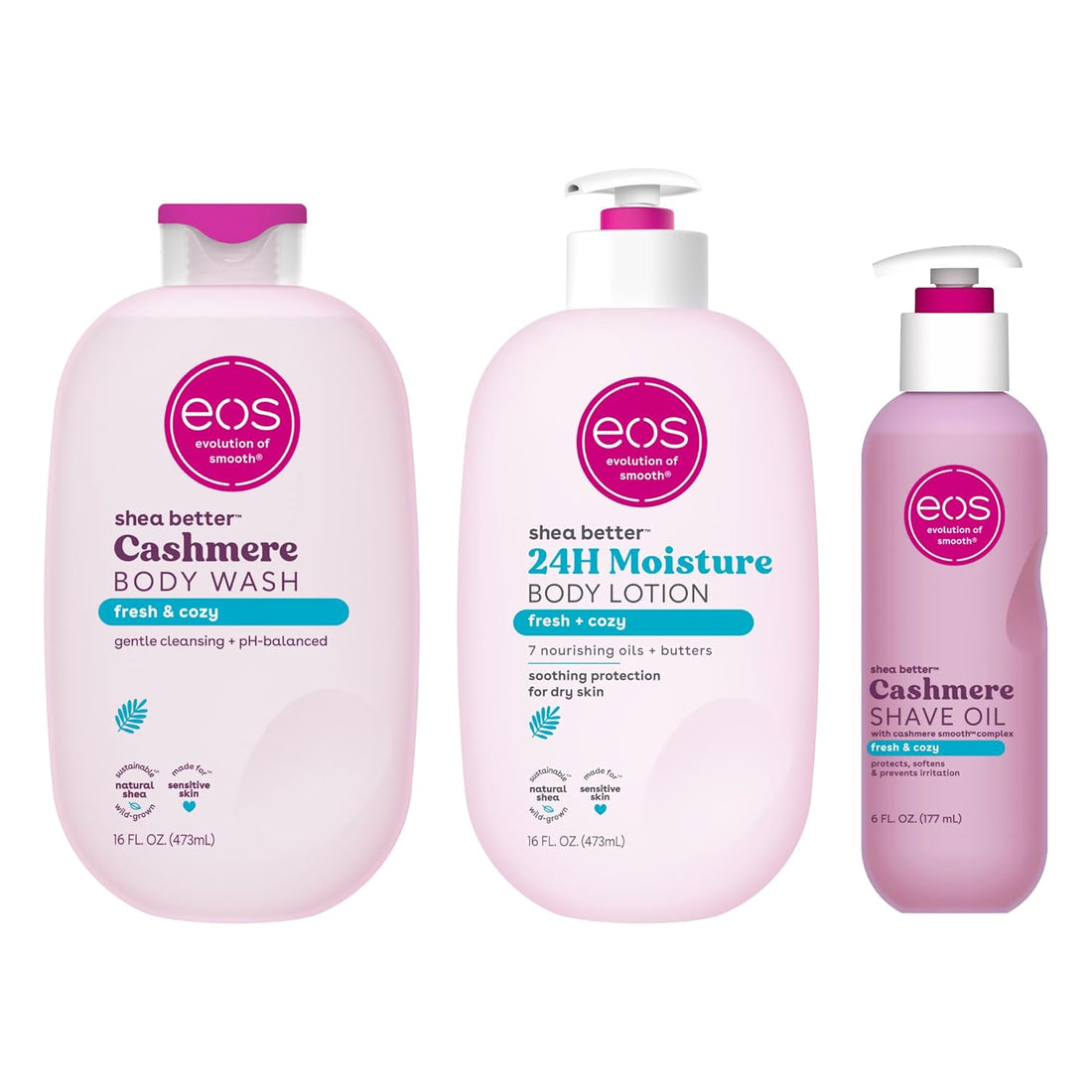 Eos Shower Essentials Bundle- Body Lotion, Body Wash, Shave Oil - Fresh &amp; Cozy