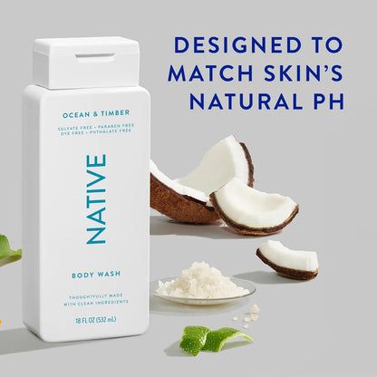 Native Body Wash Contains Naturally Derived Ingredients | for Women &amp; Men, Sulfate, Paraben, &amp; Dye Free Leaving Skin Soft and Hydrating | Ocean &amp; Timber 18 Oz - 2 Pk