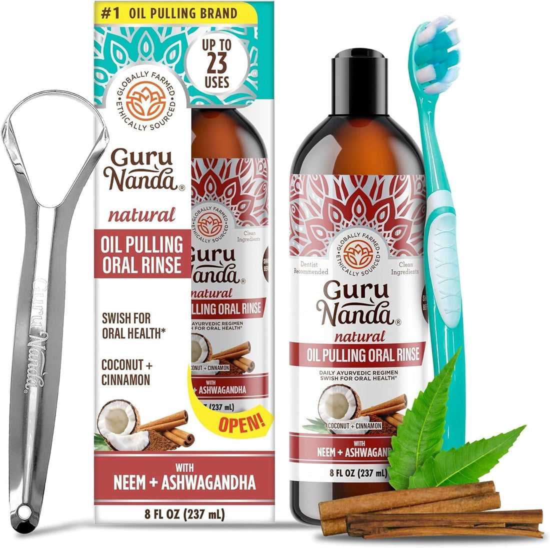 Gurunanda Ashwagandha Oil Pulling with Neem &amp; Roman Chamomile, for Fresh Breath and Happy Gums, Alcohol &amp; Flouride-Free Essential Oil Oral Rinse with Toothbrush &amp; Tongue Scraper, 8 Oz