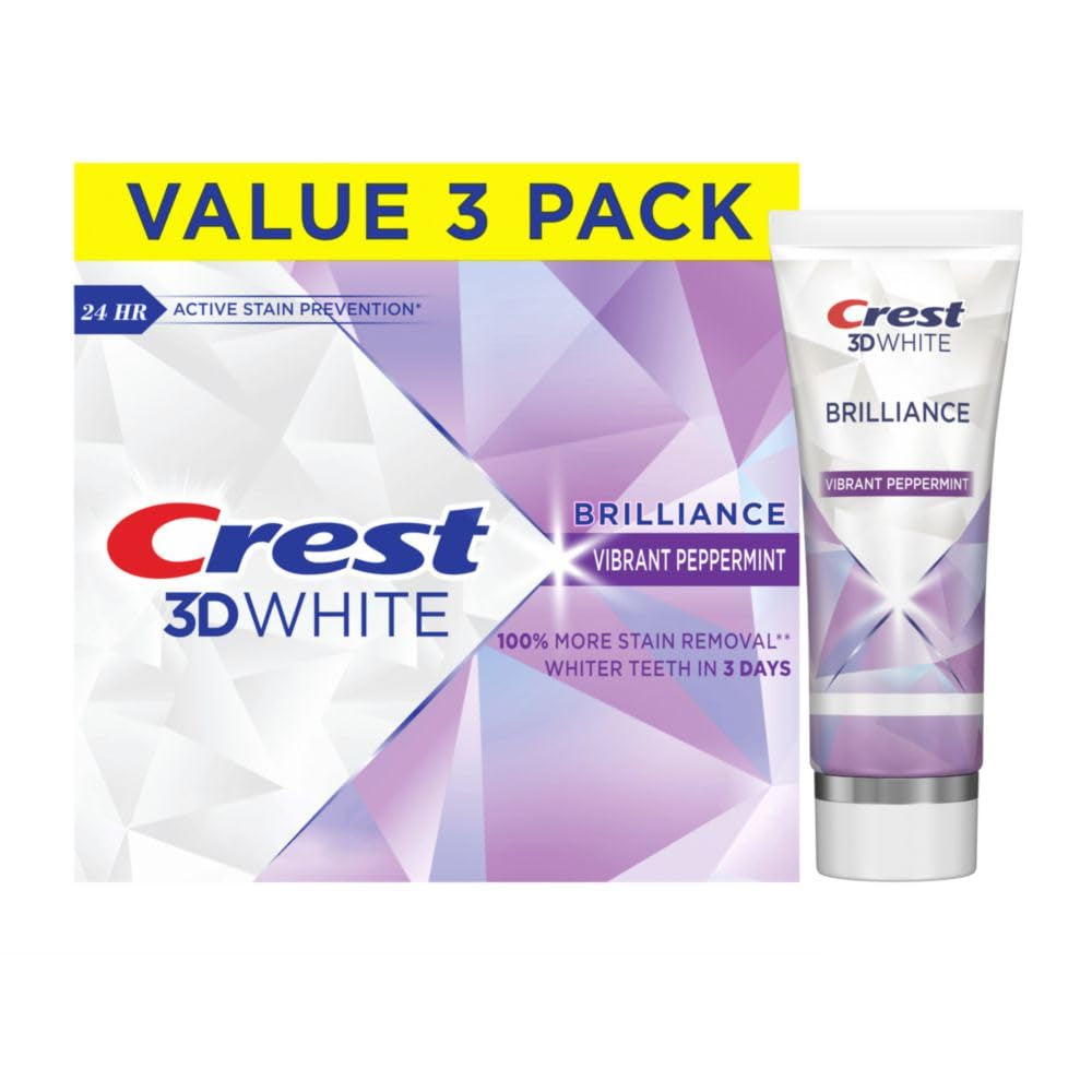 Crest 3D White Brilliance Vibrant Peppermint Teeth Whitening Toothpaste, 4.6 Oz Pack of 3, Anticavity Fluoride Toothpaste, 100% More Surface Stain Removal, 24 Hour Active Stain Prevention