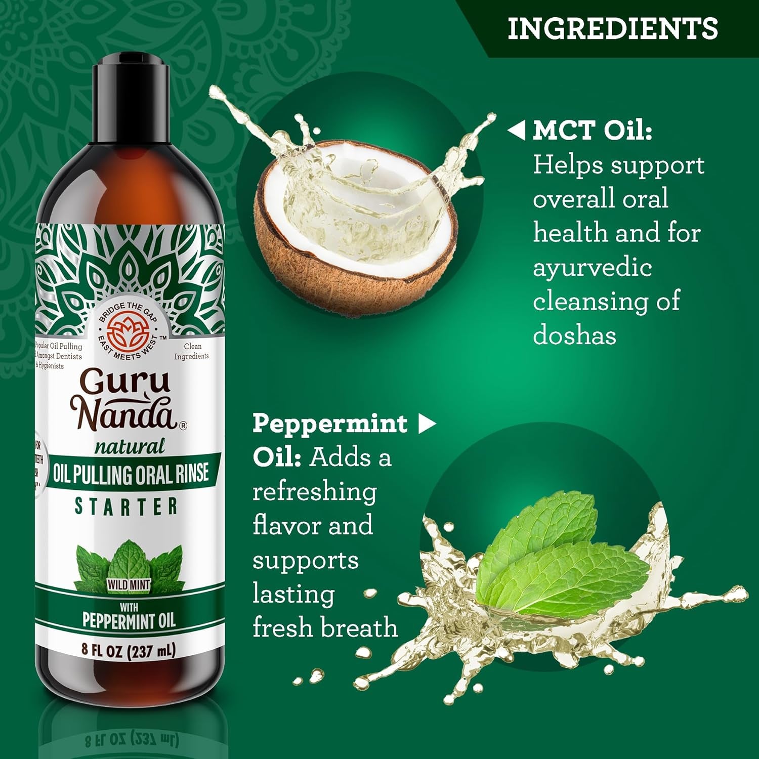 Gurunanda Starter Pulling Oil Mouthwash for Natural Teeth Whitening, Coconut and Peppermint Oil for Fresh Breath &amp; Happy Gums, Alcohol-Free, 8 Oz