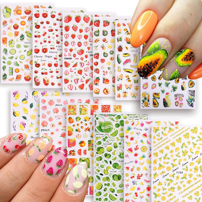 12 Sheets Fruit Nail Art Stickers Decals Summer Colorful Nail Decals 3D Self-Adhesive Nail Art Supplies Lemon Cherry Strawberry Papaya Kiwi Fruit Design Nail Accessories for Women Nail Decorations