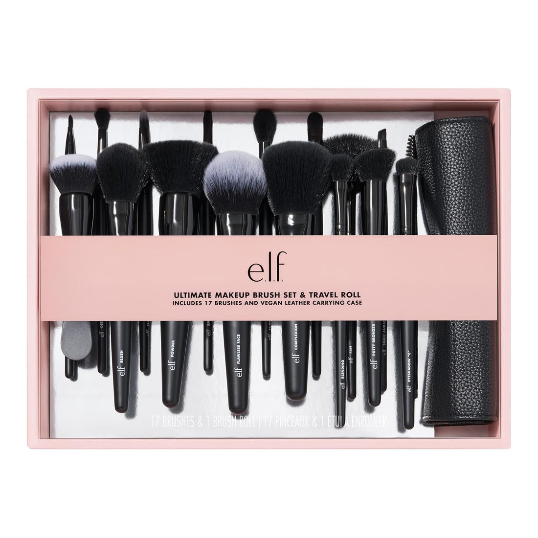 E.L.F. Ultimate Makeup Brush Set &amp; Travel Roll, 17-Piece Brush Kit, Brushes for Eyeshadow, Foundation, Powder, Concealer &amp; More, Vegan &amp; Cruelty-Free