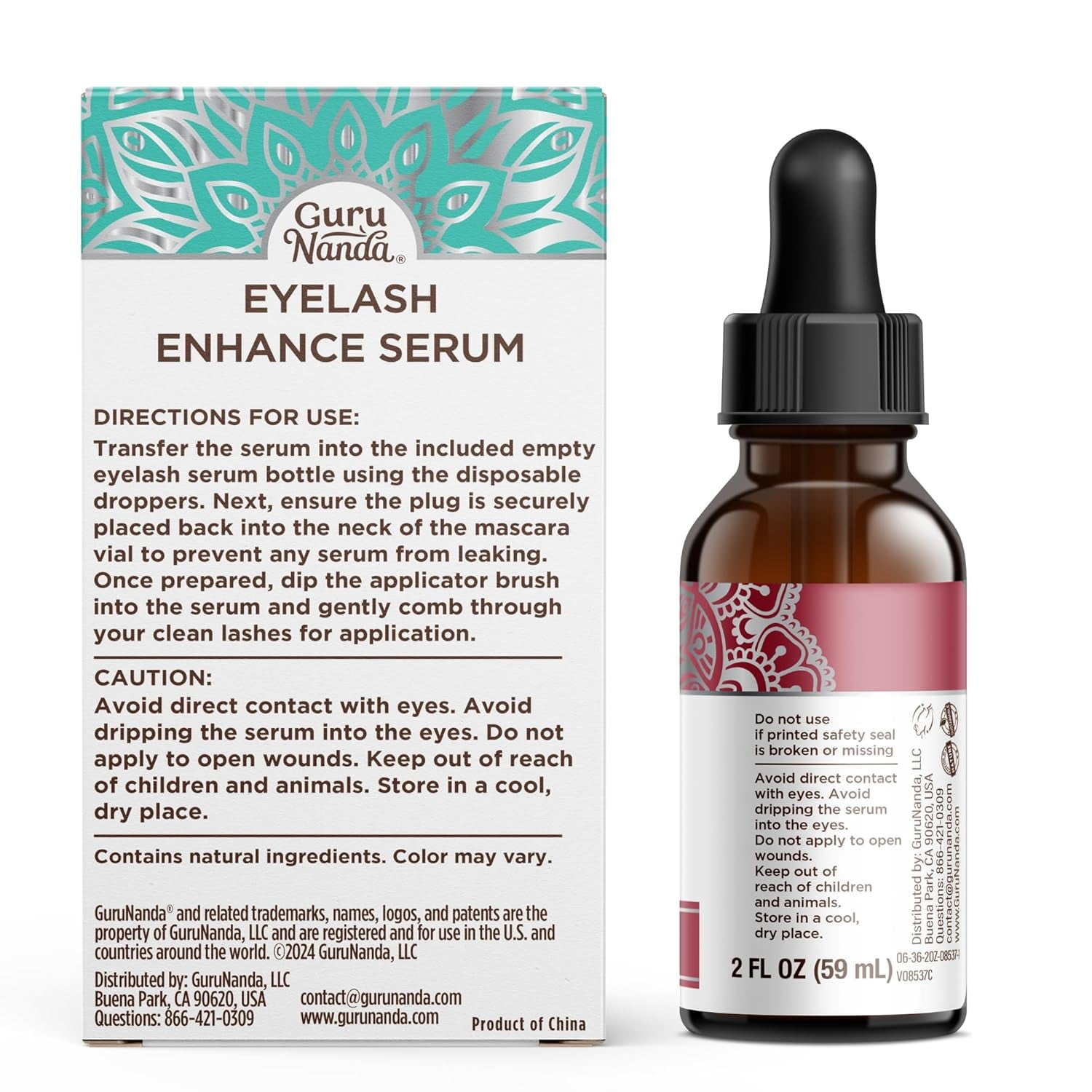 Gurunanda Natural Castor Oil Eyelash Enhance Serum with Rosemary Oil - Brush Applicator &amp; 5 Pipettes, Helps Natural Hair Growth for Eyebrows &amp; Beards, 2 Fl Oz