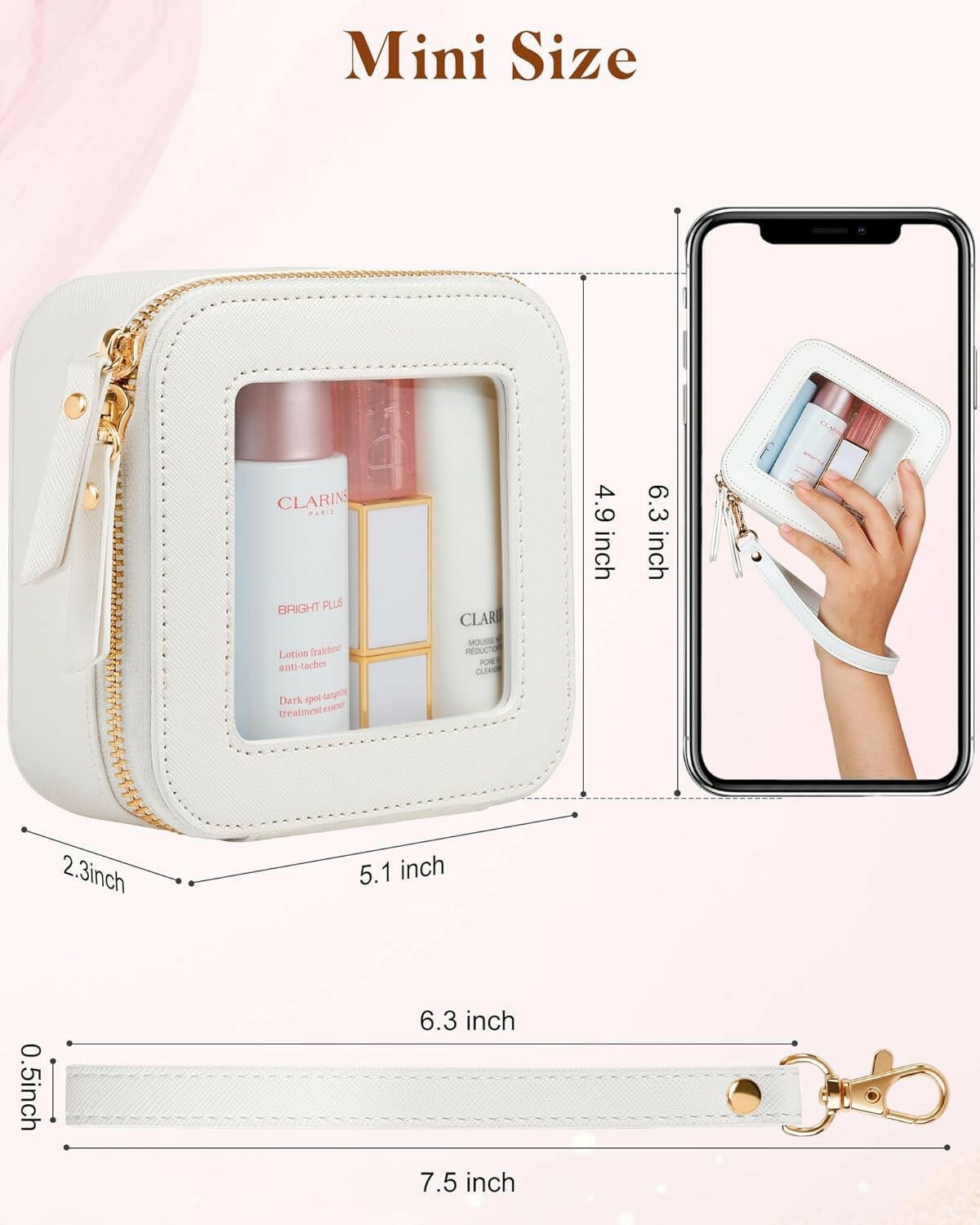 Clear Makeup Bag | Mini Makeup Bag | Small Makeup Bag/Small Cosmetic Bag for Purse | Cute Leather Makeup Pouch | Purse Organizer | Car Travel Purse Essentials for Women (White Mini) - Glow Pure