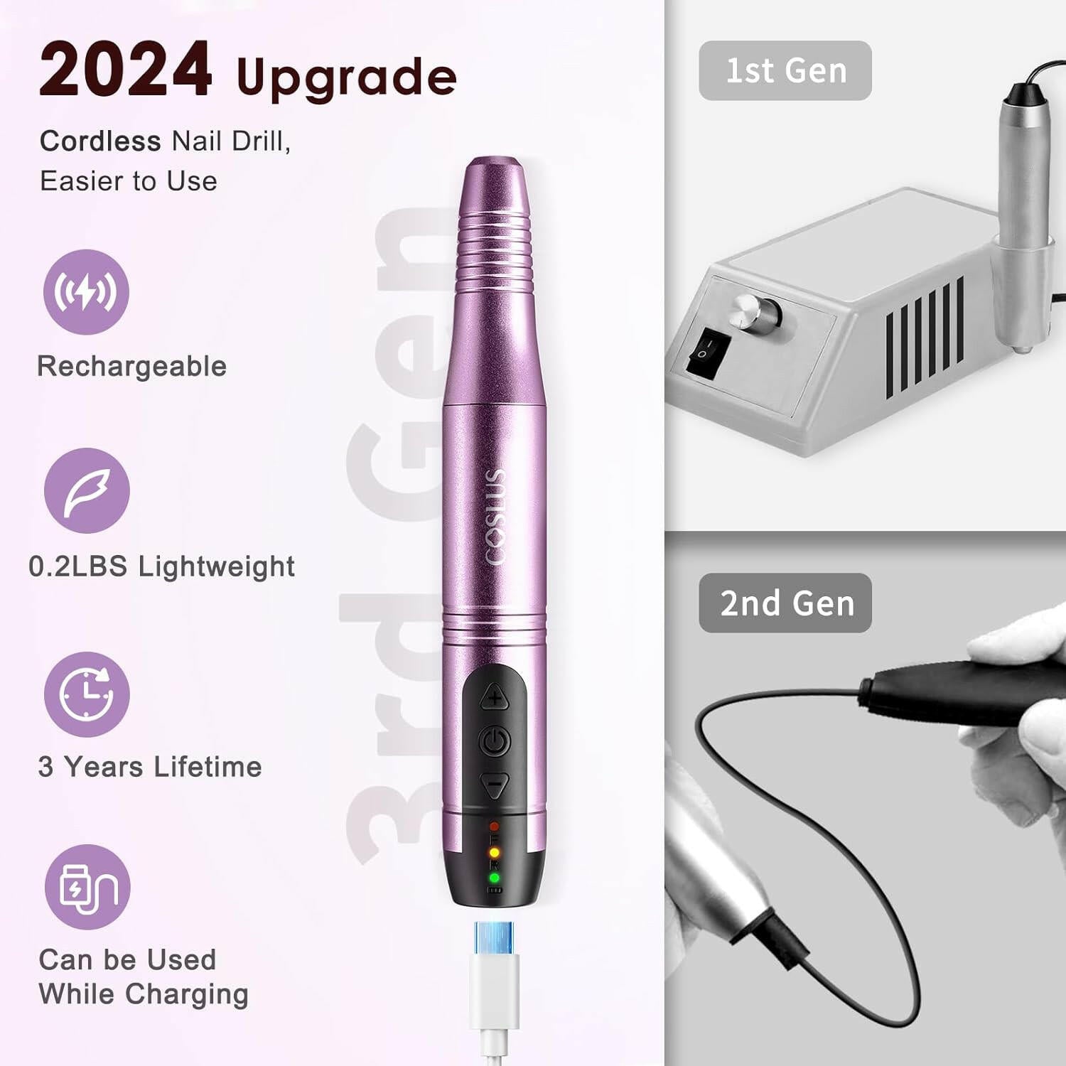 Cordless Nail Drill Electric File: Professional for Acrylic Gel Dip Powder Nails Portable Nail Drill Machine Kit for Manicure Pedicure Nail Set with Everything Rechargeable Lightweight - Glow Pure