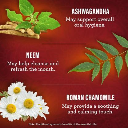 Gurunanda Ashwagandha Oil Pulling with Neem &amp; Roman Chamomile, for Fresh Breath and Happy Gums, Alcohol &amp; Flouride-Free Essential Oil Oral Rinse with Toothbrush &amp; Tongue Scraper, 8 Oz