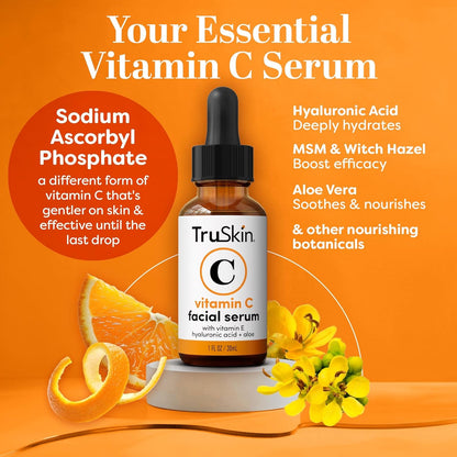 Truskin Vitamin C Serum for Face – anti Aging Formula with Vitamin C, Hyaluronic Acid, Vitamin E – Brightening Serum – Improve Appearance of Dark Spots, Tone, Fine Lines &amp; Wrinkles, 1 Fl Oz