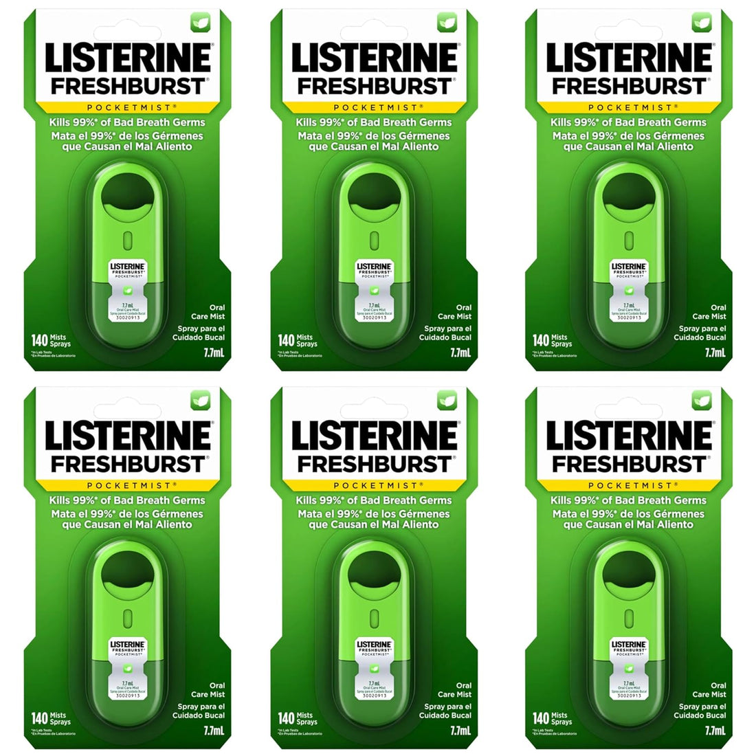 Listerine Freshburst Pocketmist Fresh Breath Oral Care Mist, Non-Aerosol Sugar-Free Minty Breath Refresher Spray to Kill 99% of Bad Breath Germs, Portable, Spearmint Flavor, 7.7 Ml, 6 Sprays