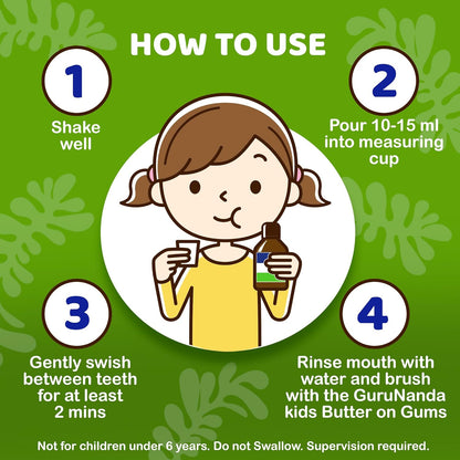 Gurunanda Kids Oil Pulling, Alcohol-Free Mouthwash, Essential Oils &amp; Vitamins for Fresh Breath &amp; Happy Gums for Ages 6 &amp; Up, Natural Berry Lemon Rose, 8 Oz