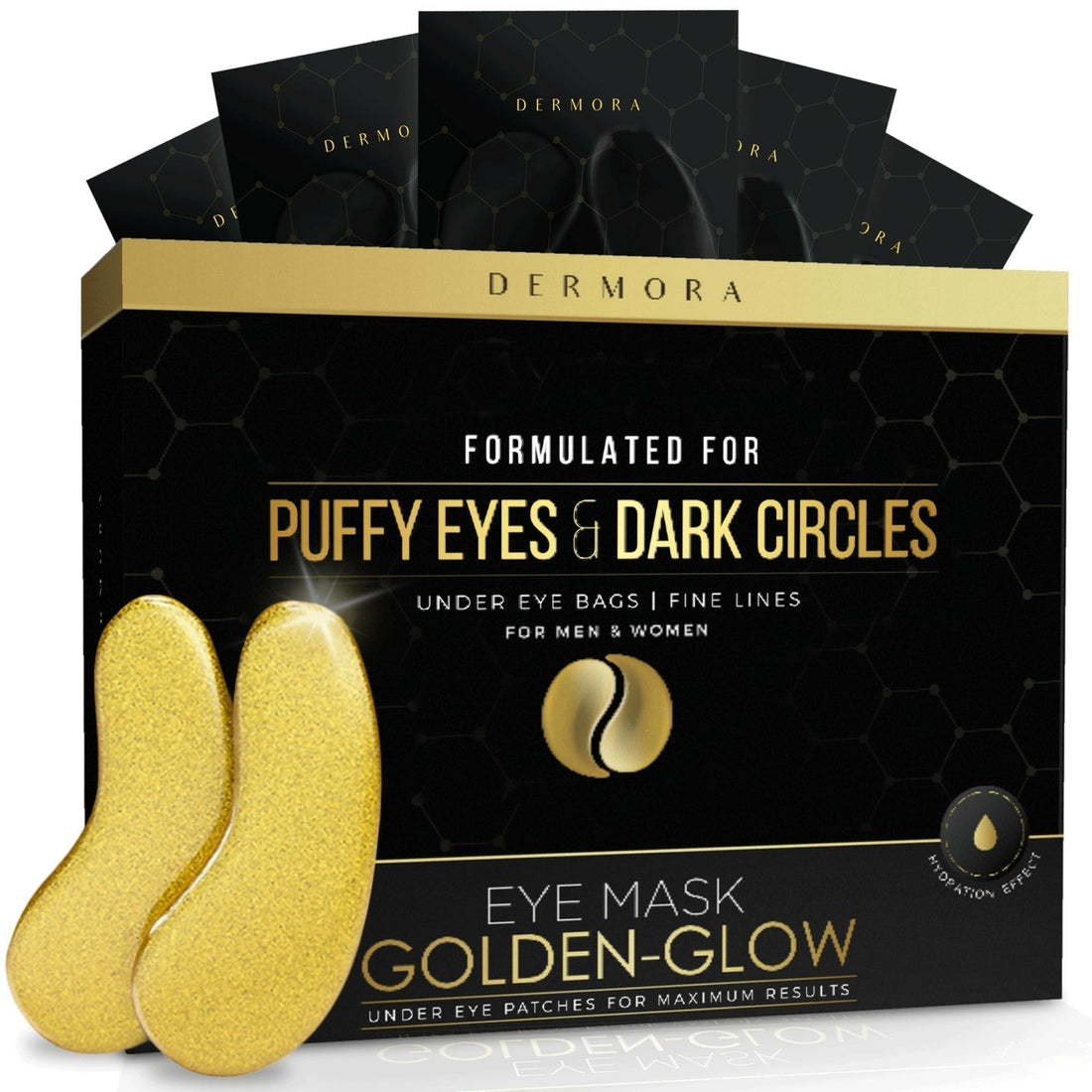 DERMORA Golden Glow Under Eye Patches (50 Pairs Eye Gels) - Rejuvenating Treatment for Dark Circles, Puffy Eyes, Refreshing, Revitalizing, Travel, Wrinkles - Glow Pure