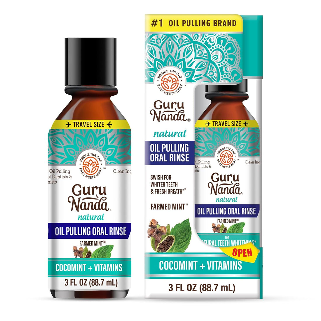 Gurunanda Travel Size Coconut Oil Pulling, 7 Essential Oils &amp; Vitamins, Promotes Fresh Breath &amp; Happy Gums, No Alcohol &amp; Fluoride, 3 Oz